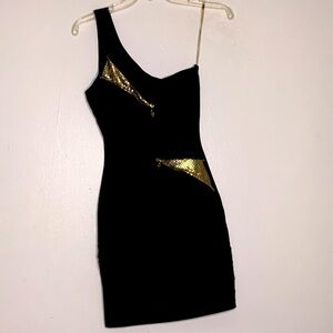 LIPSY London black Single strap gold chain mesh mini dress 2 small